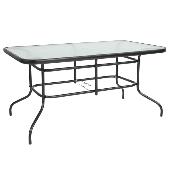 Gray |#| 5 Piece Patio Dining Set - 55" Glass Patio Table, 4 Gray Flex Stack Chairs