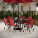 Red |#| Commercial 7 Pc Outdoor Patio Dining Set with Glass Table and 6 Chairs - Red