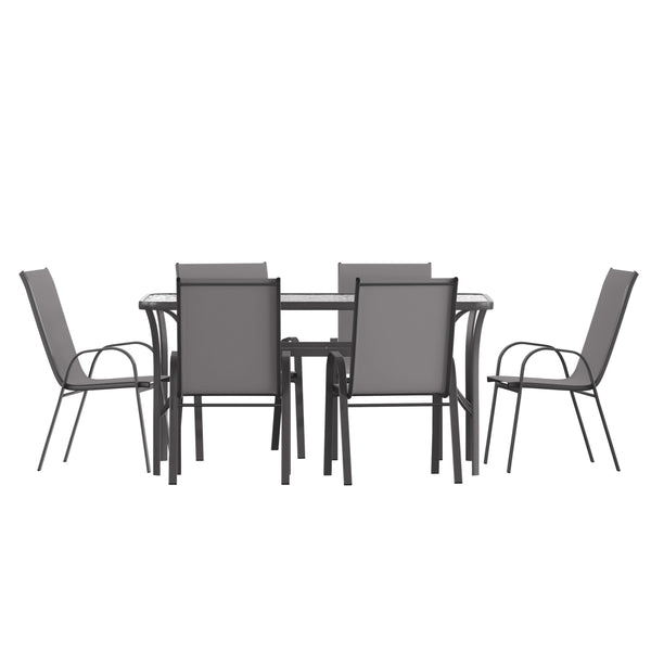 Gray |#| Commercial 7 Pc Outdoor Patio Dining Set with Glass Table and 6 Chairs - Gray