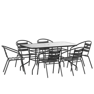 Brazos 7 Piece Outdoor Patio Dining Set - Tempered Glass Patio Table, 6 Flex Comfort Stack Chairs