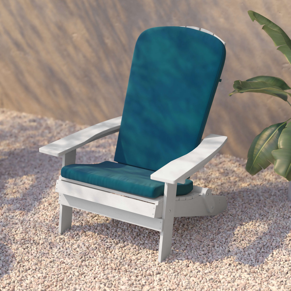 White/Teal |#| Indoor/Outdoor White Folding Adirondack Chairs with Teal Cushions - Set of 2