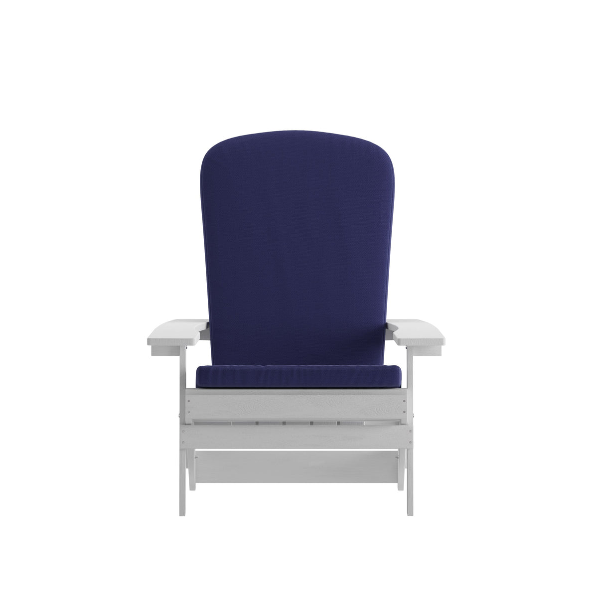 White/Blue |#| Indoor/Outdoor White Folding Adirondack Chairs with Blue Cushions - Set of 2