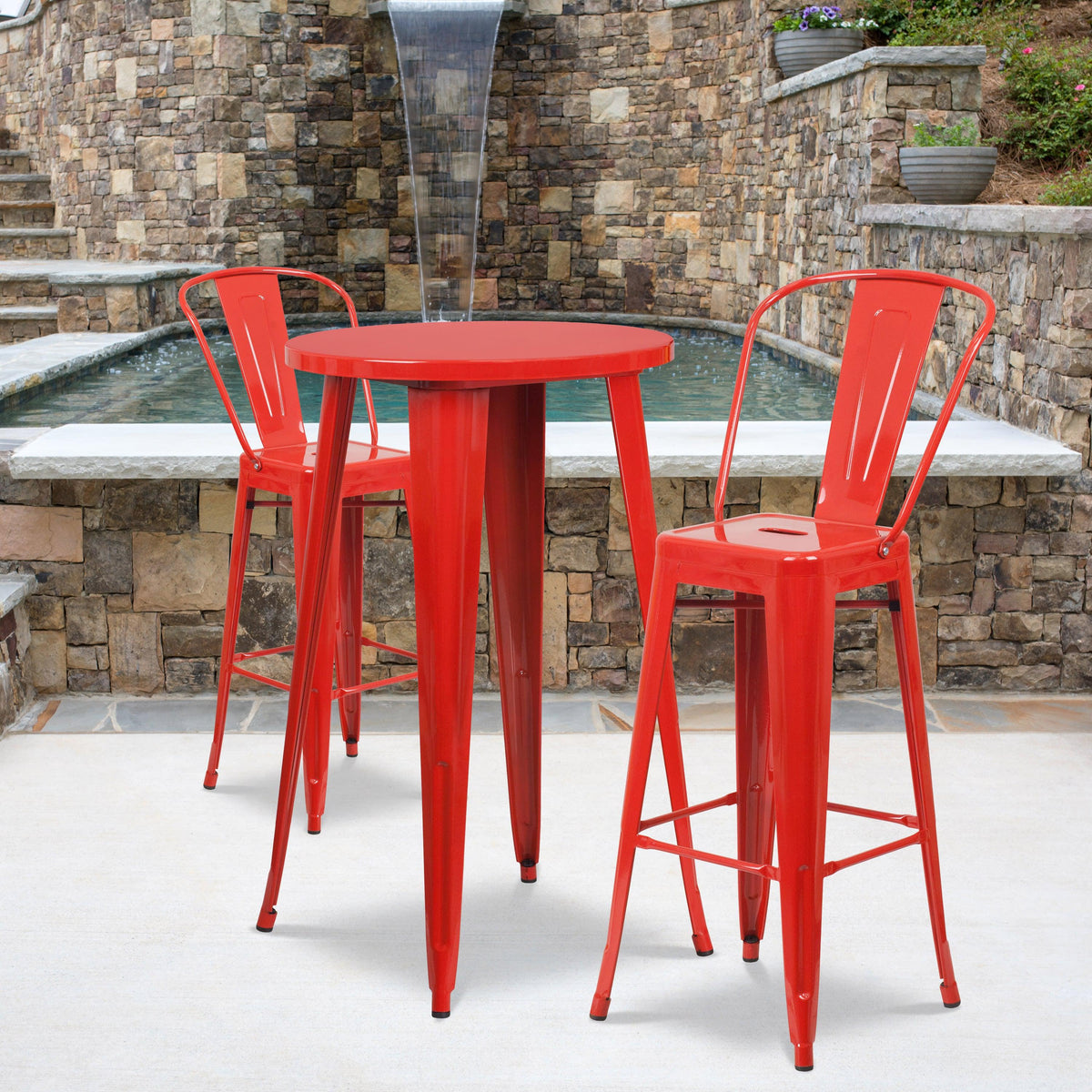 Red |#| 24inch Round Red Metal Indoor-Outdoor Bar Table Set with 2 Cafe Stools