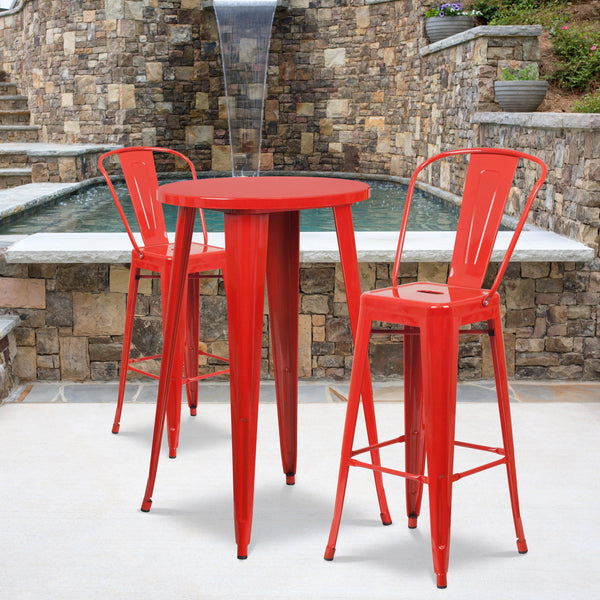 Red |#| 24inch Round Red Metal Indoor-Outdoor Bar Table Set with 2 Cafe Stools