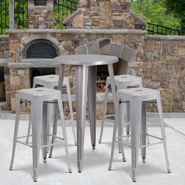 Silver |#| 24inch Round Silver Metal Indoor-Outdoor Bar Table Set with 4 Backless Stools