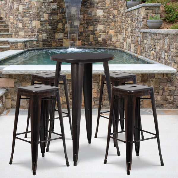 Black-Antique Gold |#| 24inch Round Black-Gold Metal Indoor-Outdoor Bar Table Set with 4 Backless Stools