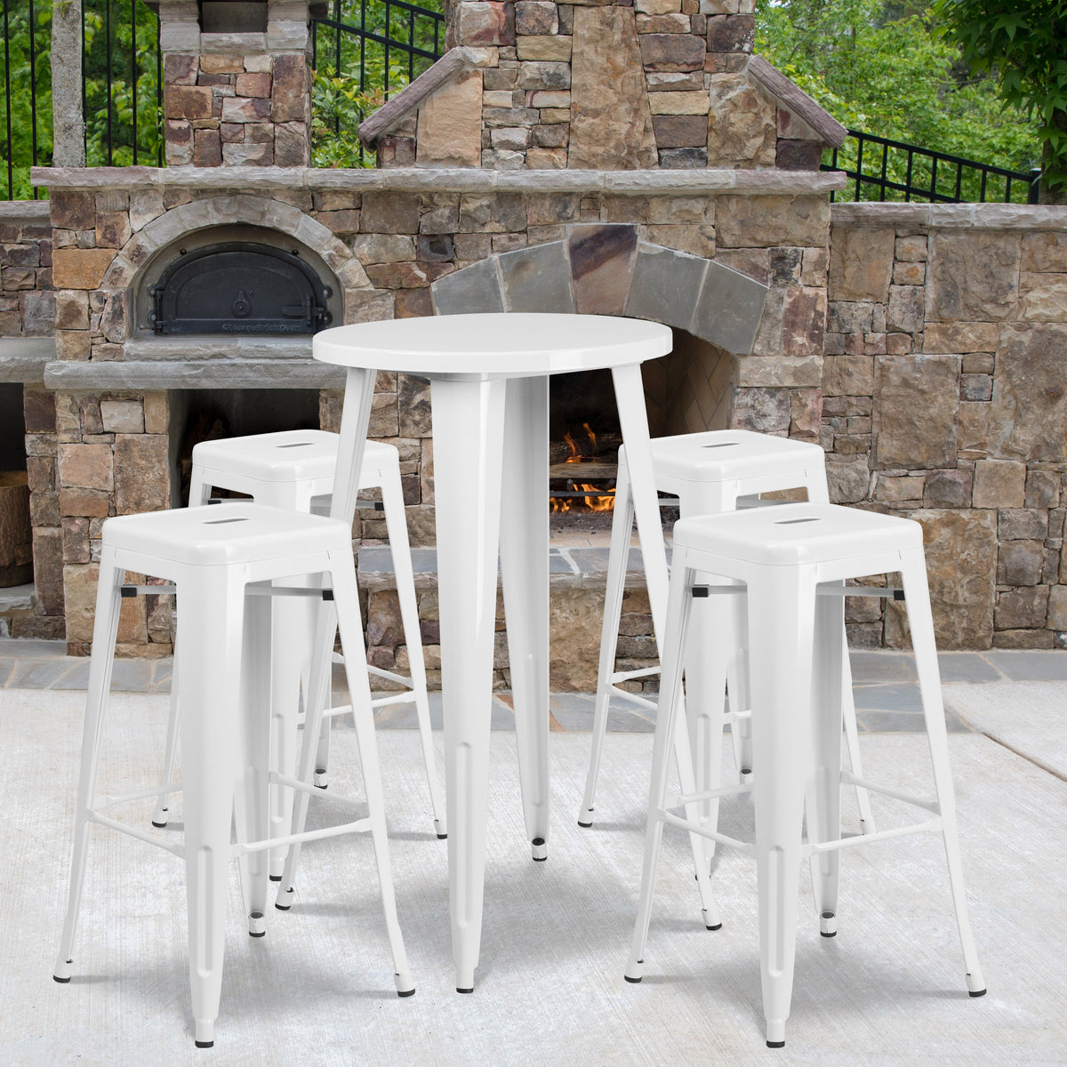 White |#| 24inch Round White Metal Indoor-Outdoor Bar Table Set with 4 Backless Stools