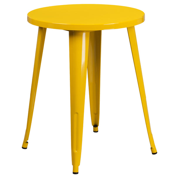 Yellow |#| 24inch Round Yellow Metal Indoor-Outdoor Table Set with 4 Arm Chairs