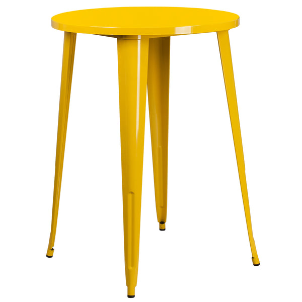 Yellow |#| 30inch Round Yellow Metal Indoor-Outdoor Bar Table Set with 2 Cafe Stools