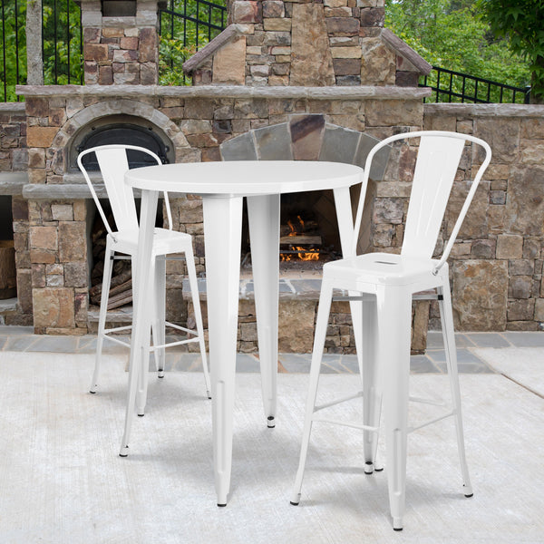 White |#| 30inch Round White Metal Indoor-Outdoor Bar Table Set with 2 Cafe Stools