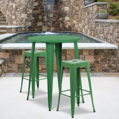 Commercial Grade 30" Round Metal Indoor-Outdoor Bar Table Set with 2 Square Seat Backless Stools - View 2