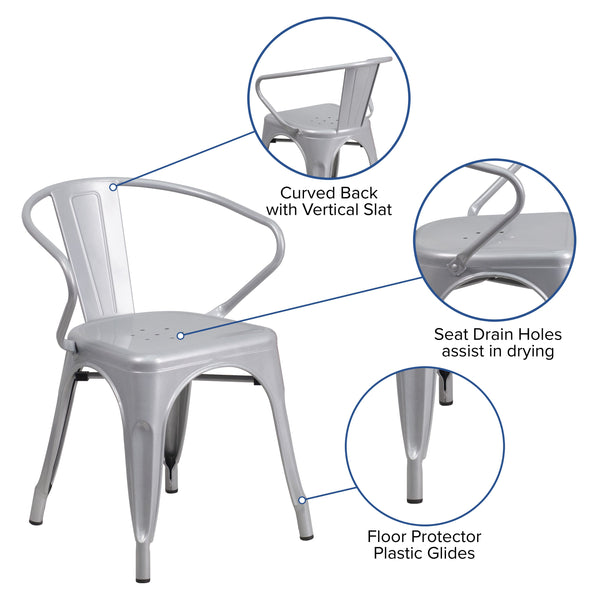 Silver |#| Silver Metal Indoor-Outdoor Chair with Arms - Restaurant Furniture