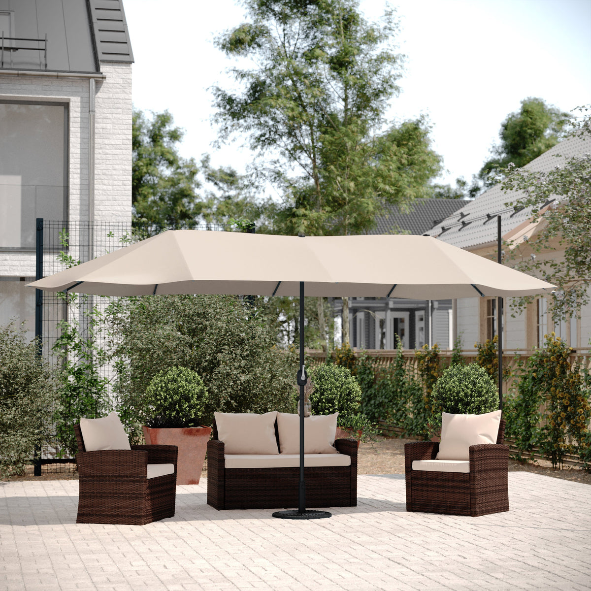 Flash Furniture 15 ft. Elizabeth Commercial Grade Triple Head Patio Umbrella with Crank & Easy Lift Functionality Gray
