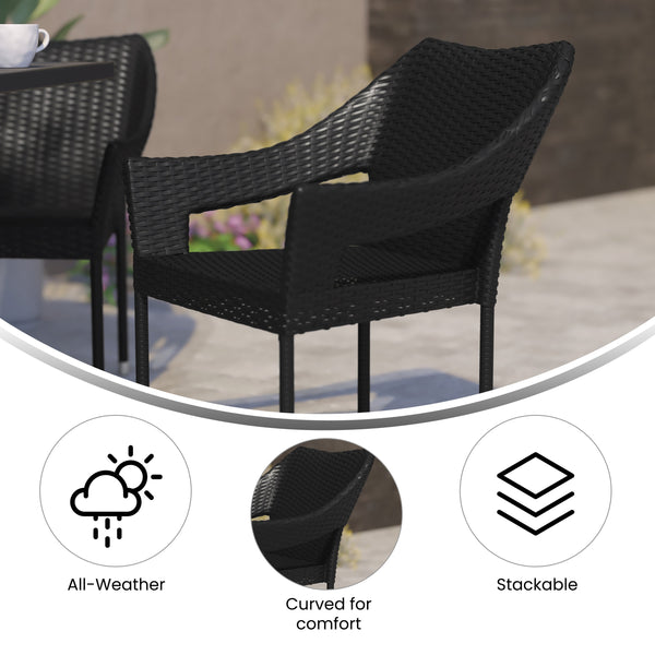 Black |#| All Weather Commercial Grade PE Rattan Stacking Patio Chairs in Black
