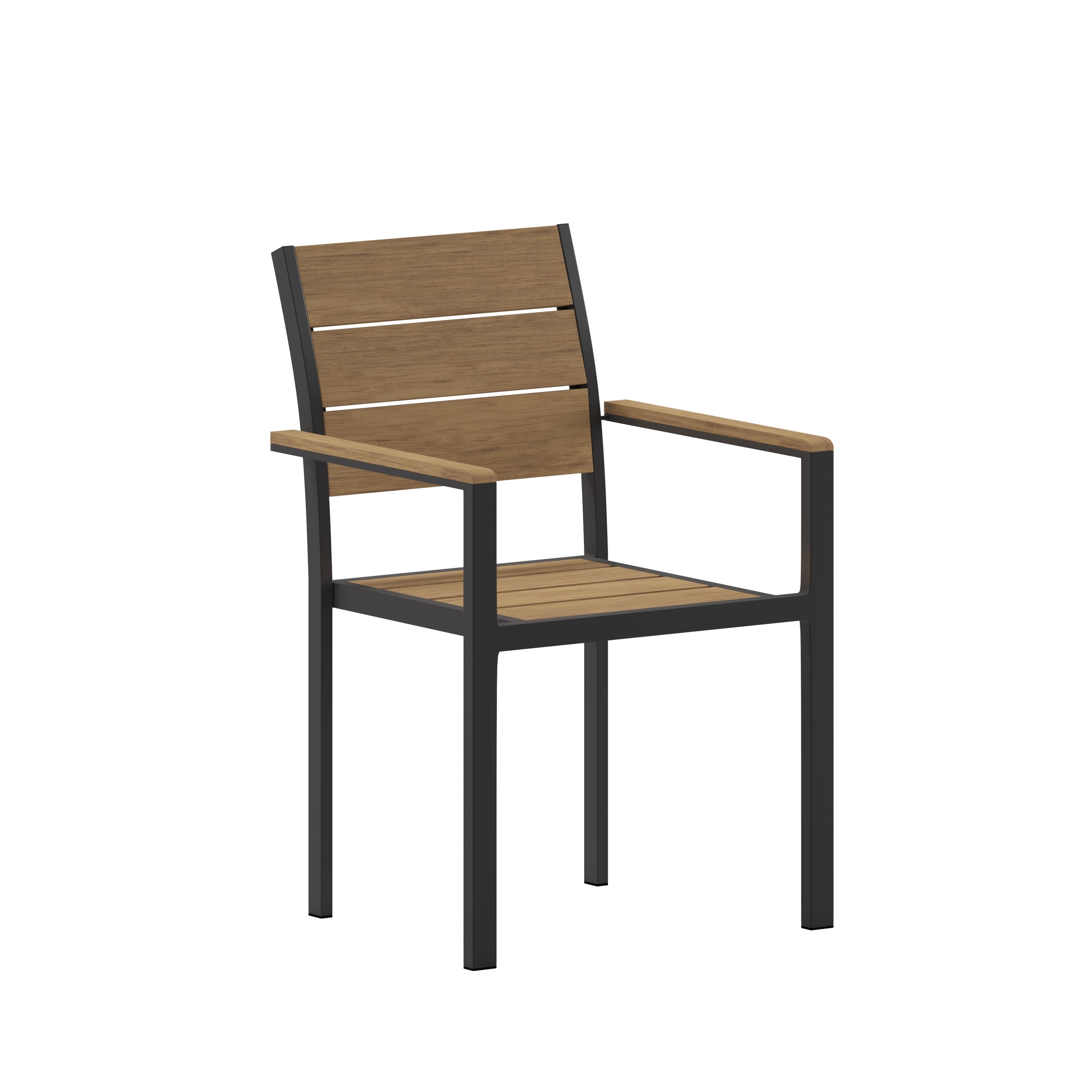 Finch Commercial Grade Patio Chair with Arms Stackable Side Chair with Faux Teak Poly Slats and Metal Frame