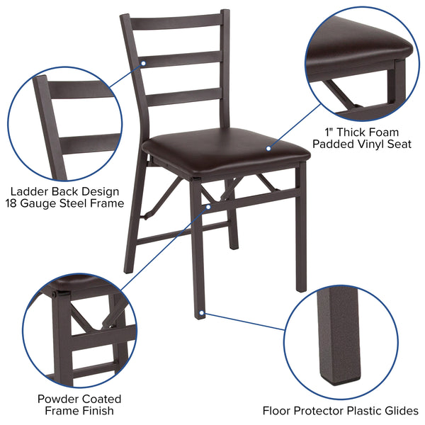 Brown Folding Ladder Back Metal Chair with Brown Vinyl Seat - Dining Furniture