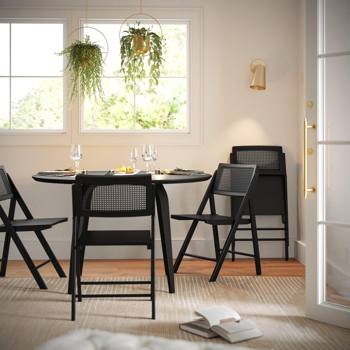 Black |#| 2 Pack Commercial Cane Rattan Folding Chairs - Wood Backs and Seats - Black