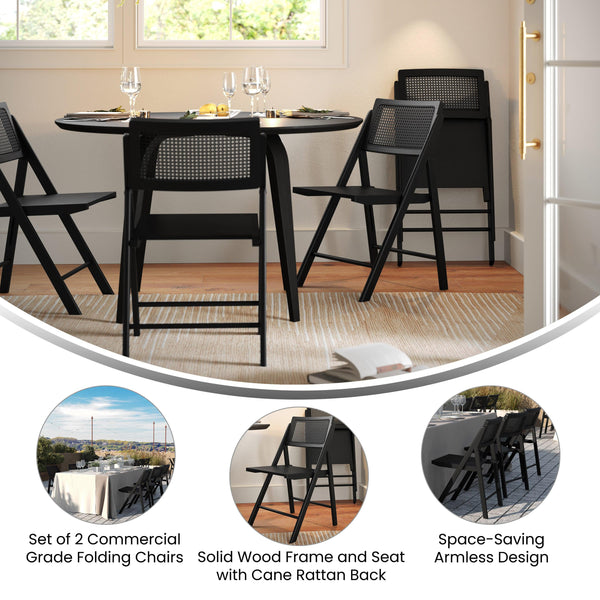 Black |#| 2 Pack Commercial Cane Rattan Folding Chairs - Wood Backs and Seats - Black