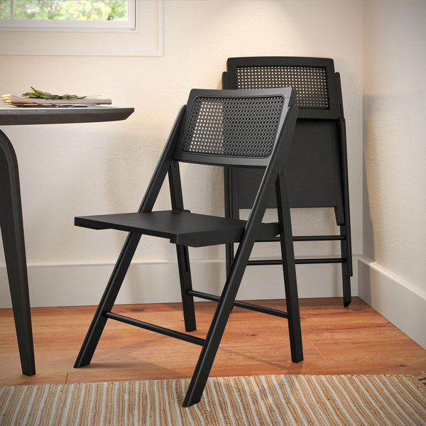 Black |#| 2 Pack Commercial Cane Rattan Folding Chairs - Wood Backs and Seats - Black