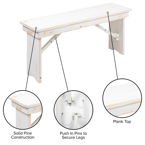 Antique Rustic White |#| 40" x 12" Antique Rustic White Solid Pine Folding Farm Bench - Portable Bench