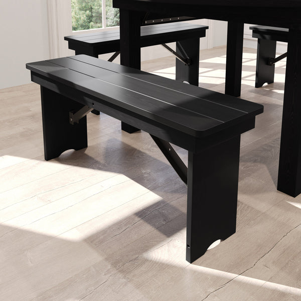 Black Wash |#| 40" x 12" Antique Solid Pine Farmhouse Folding Bench in Black Wash