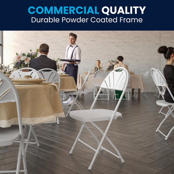 White |#| 650 lb. Capacity White Plastic Fan Back Folding Chair-Commercial & Event Chairs