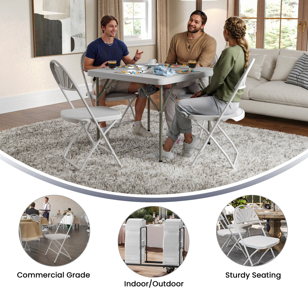 White |#| 650 lb. Capacity White Plastic Fan Back Folding Chair-Commercial & Event Chairs
