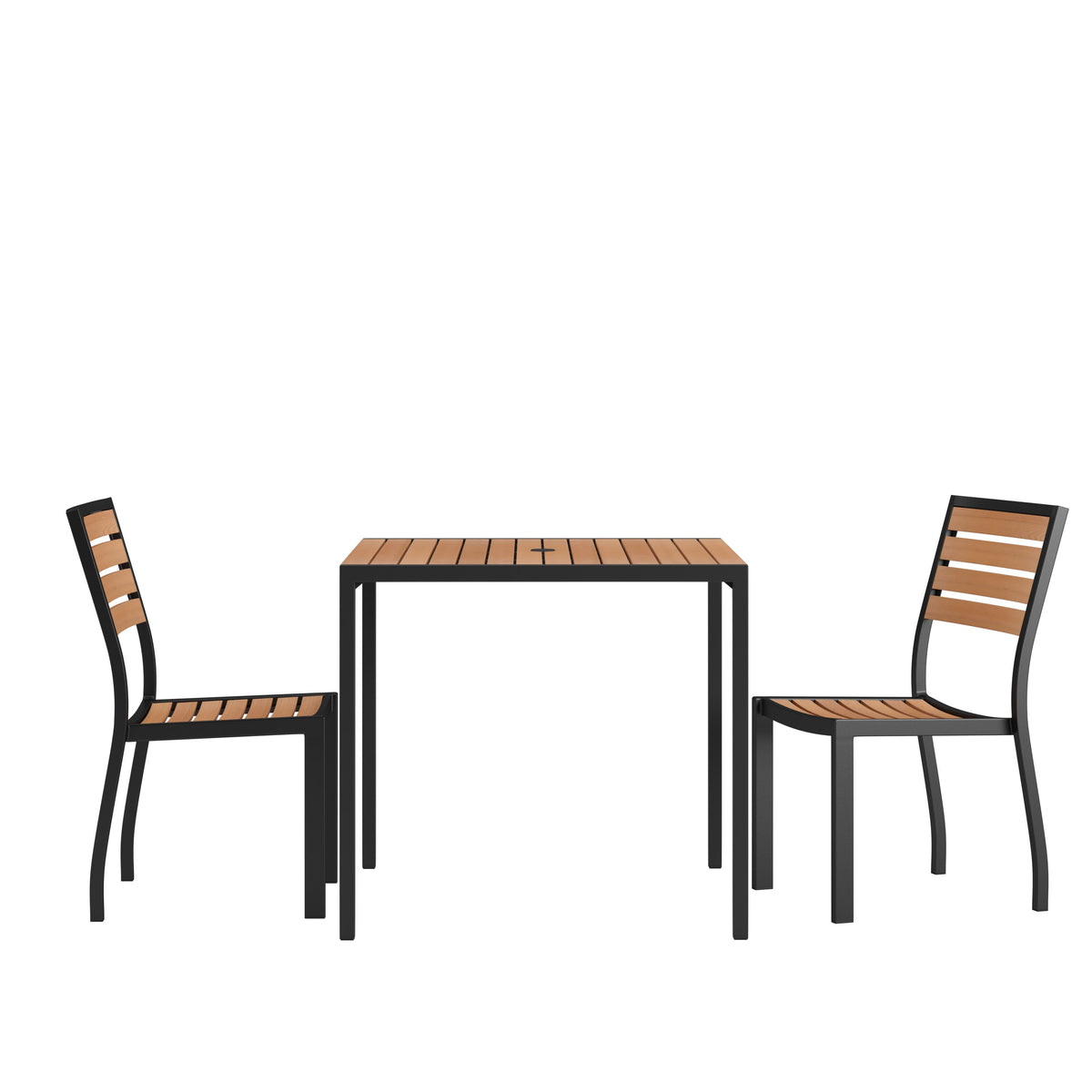 Black Indoor/Outdoor 35inch Square Faux Teak Table with 2 Club Chairs with Arms