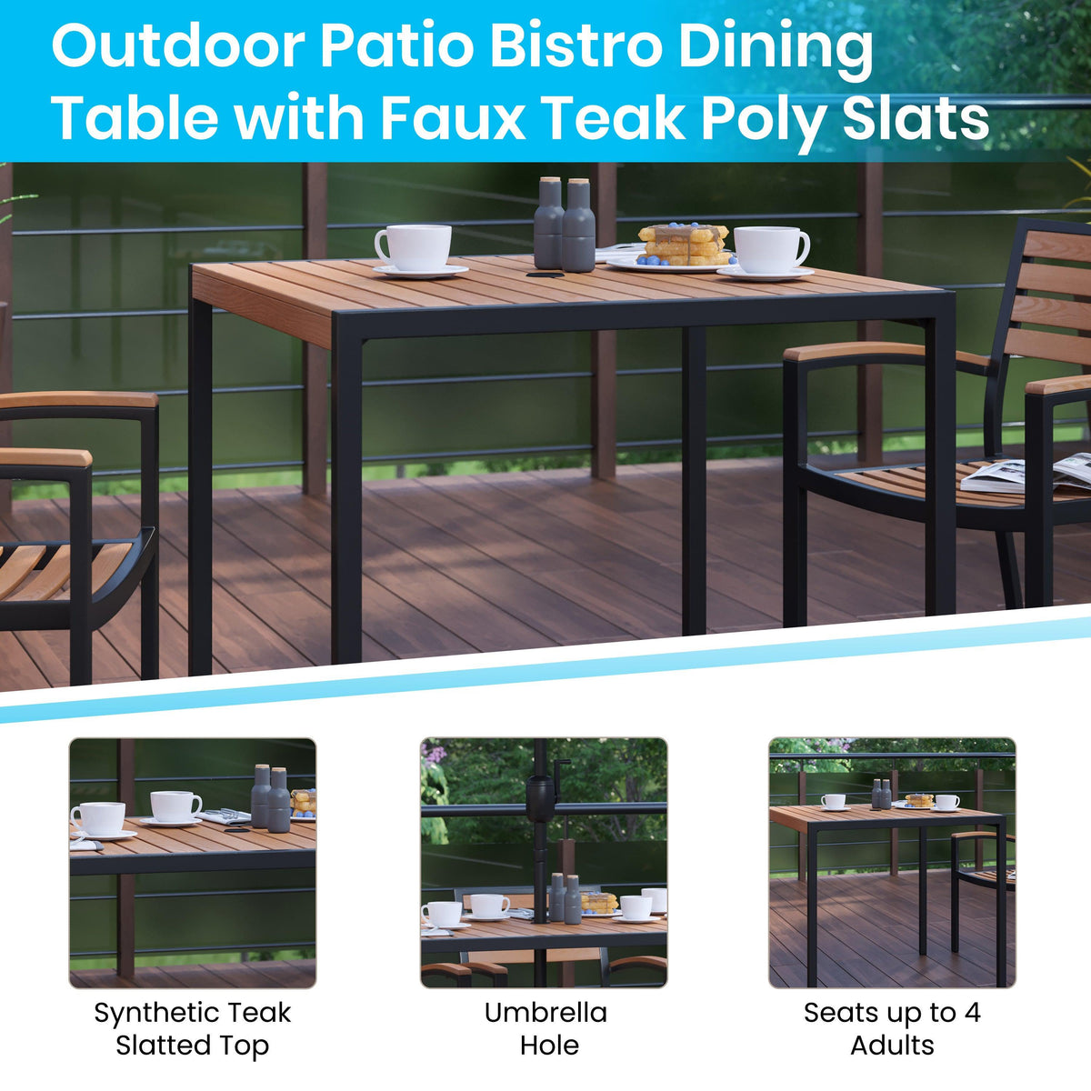 Black Indoor/Outdoor 35inch Square Faux Teak Table with 2 Club Chairs with Arms