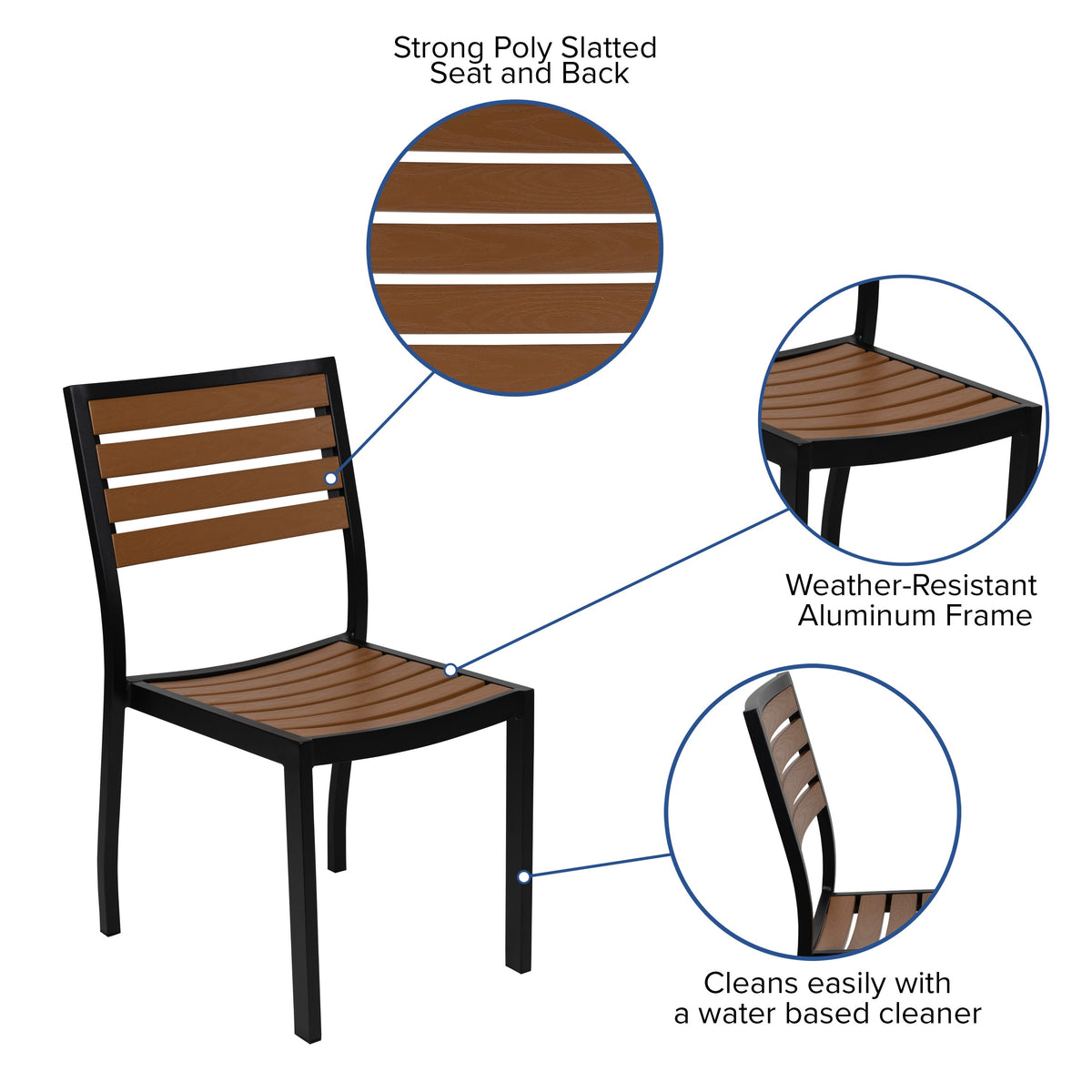 Black Indoor/Outdoor 35inch Square Faux Teak Table with 2 Club Chairs with Arms