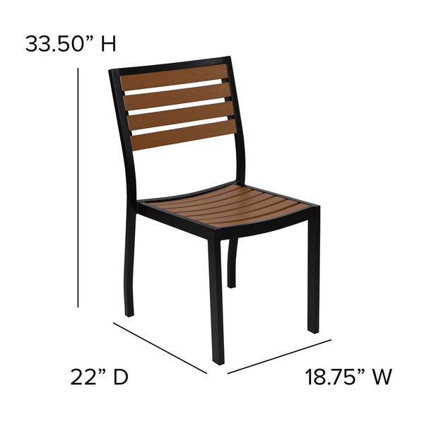 Black Indoor/Outdoor 35inch Square Faux Teak Table with 2 Club Chairs with Arms
