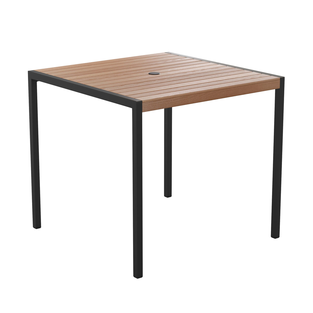 Black Indoor/Outdoor 35inch Square Faux Teak Table with 2 Club Chairs with Arms