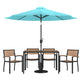 Teal |#| 30inch x 48inch Faux Teak Patio Table, 4 Chairs and Teal 9FT Patio Umbrella with Base
