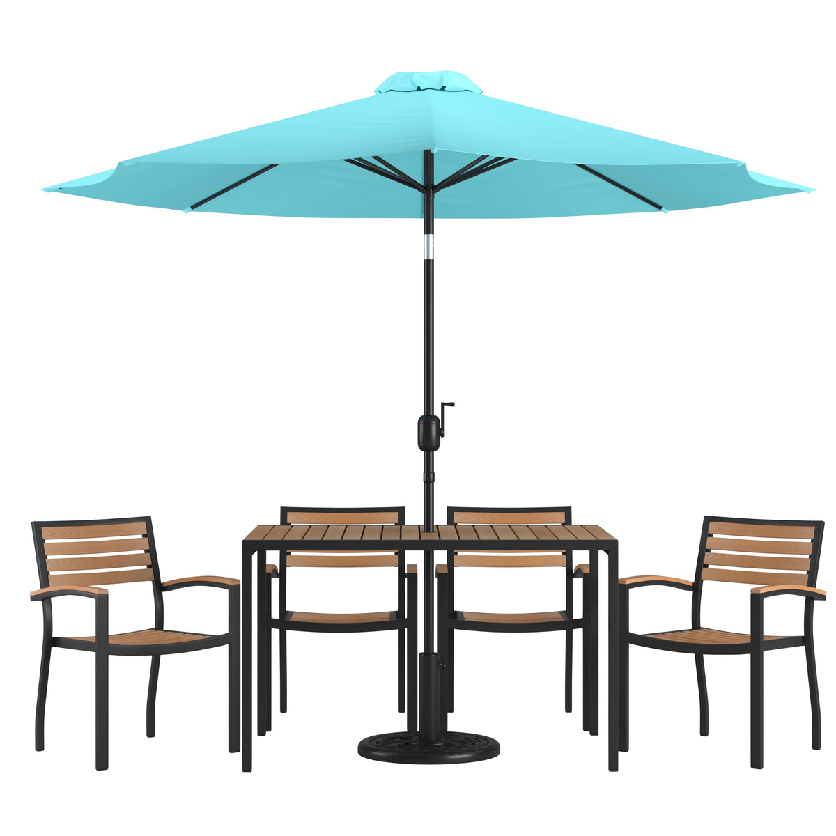 Teal |#| 30inch x 48inch Faux Teak Patio Table, 4 Chairs and Teal 9FT Patio Umbrella with Base