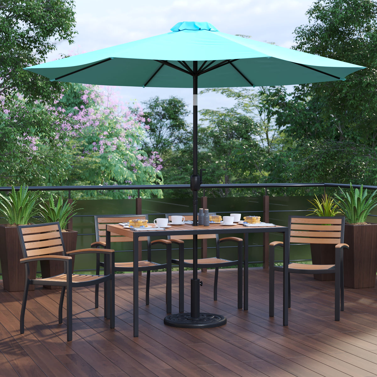 Teal |#| 30inch x 48inch Faux Teak Patio Table, 4 Chairs and Teal 9FT Patio Umbrella with Base