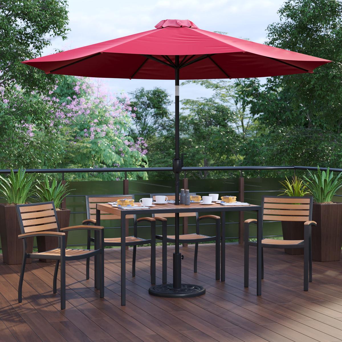 Red |#| 30inch x 48inch Faux Teak Patio Table, 4 Chairs and Red 9FT Patio Umbrella with Base