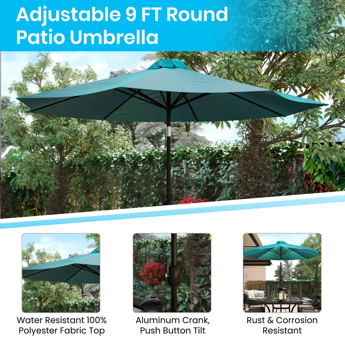 Teal |#| 30inch x 48inch Faux Teak Patio Table, 4 Chairs and Teal 9FT Patio Umbrella with Base
