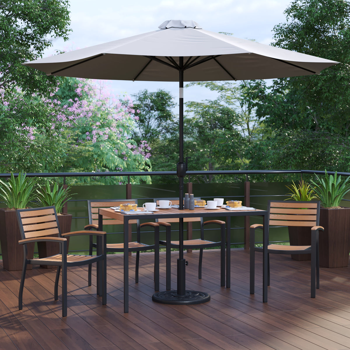 Gray |#| 30inch x 48inch Faux Teak Patio Table, 4 Chairs and Gray 9FT Patio Umbrella with Base