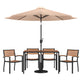 Tan |#| 30inch x 48inch Faux Teak Patio Table, 4 Chairs and Tan 9FT Patio Umbrella with Base