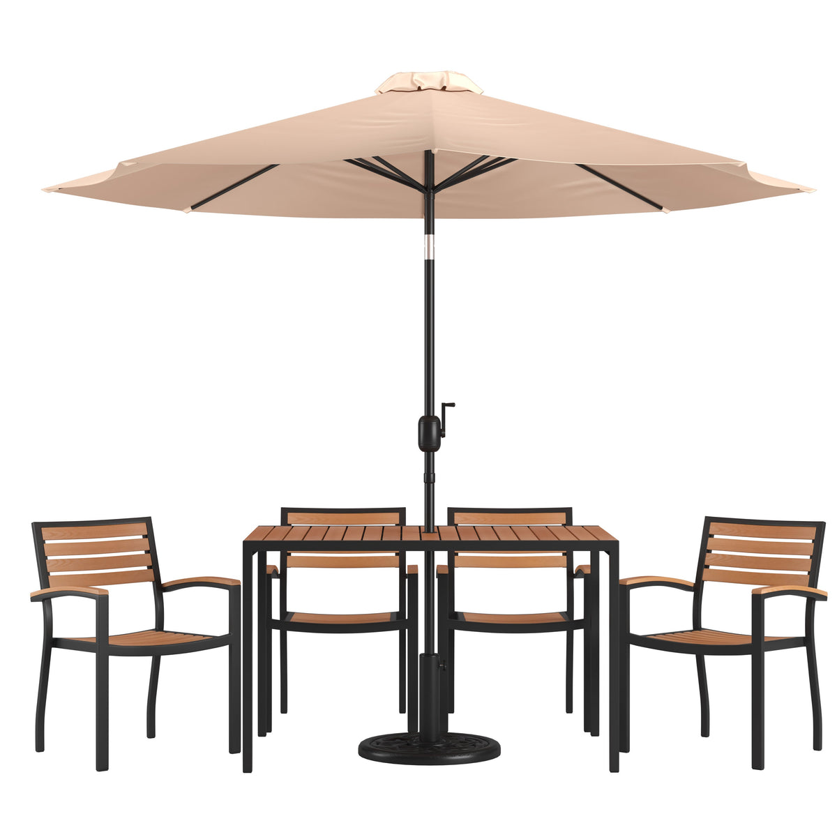 Tan |#| 30inch x 48inch Faux Teak Patio Table, 4 Chairs and Tan 9FT Patio Umbrella with Base