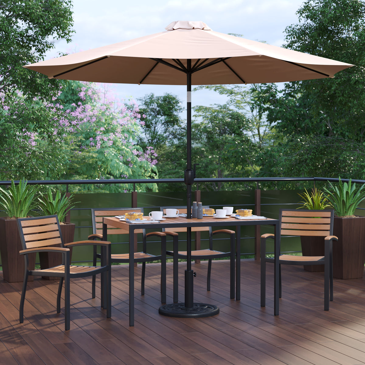 Tan |#| 30inch x 48inch Faux Teak Patio Table, 4 Chairs and Tan 9FT Patio Umbrella with Base