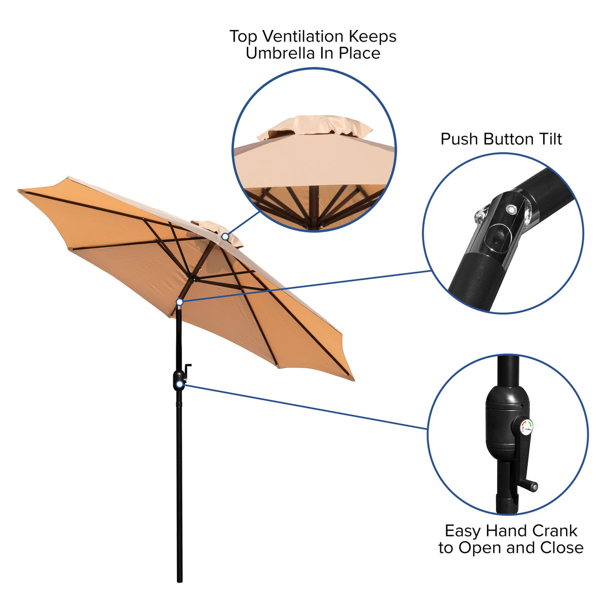 Tan |#| 30inch x 48inch Faux Teak Patio Table, 4 Chairs and Tan 9FT Patio Umbrella with Base