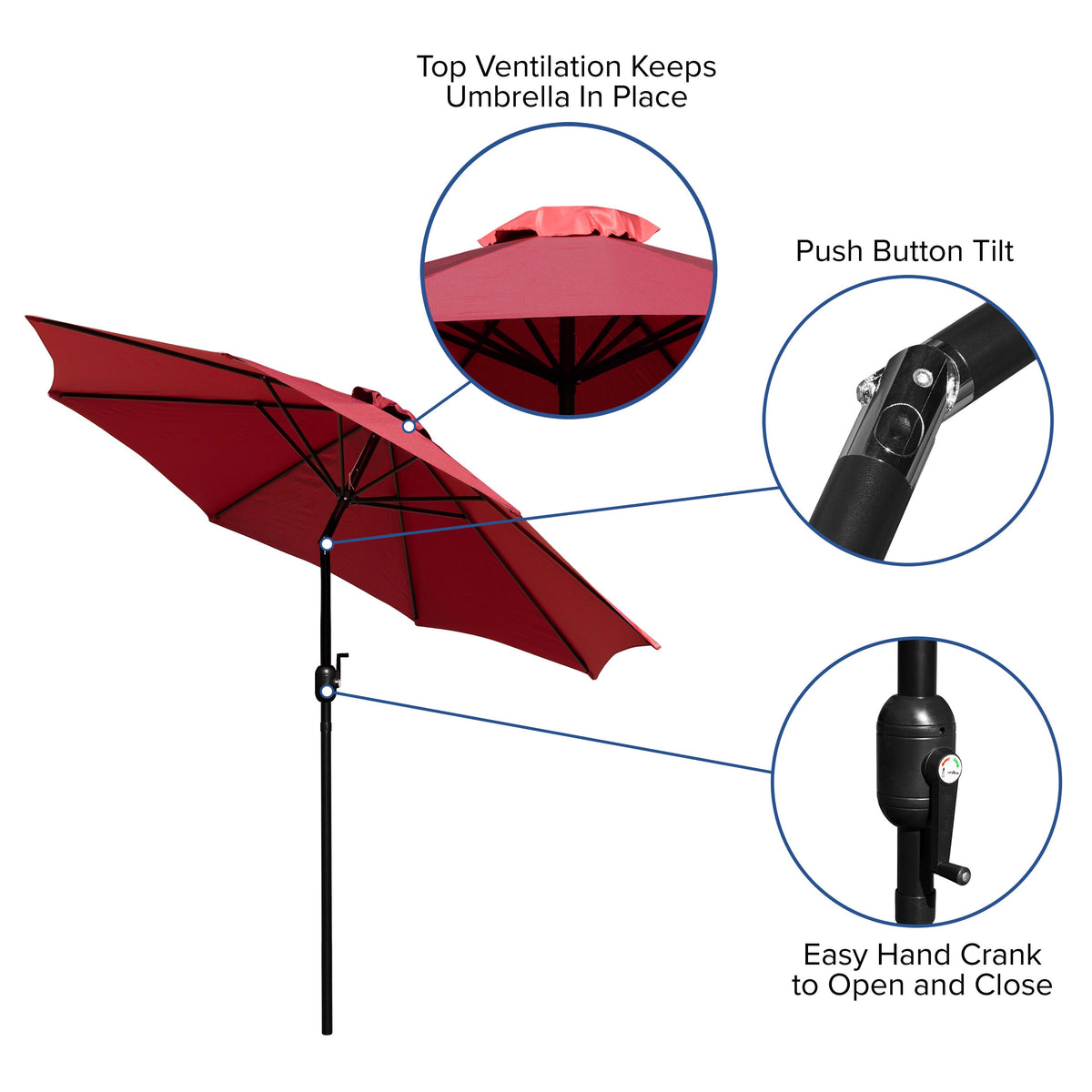 Red |#| 30inch x 48inch Faux Teak Patio Table, 4 Chairs and Red 9FT Patio Umbrella with Base