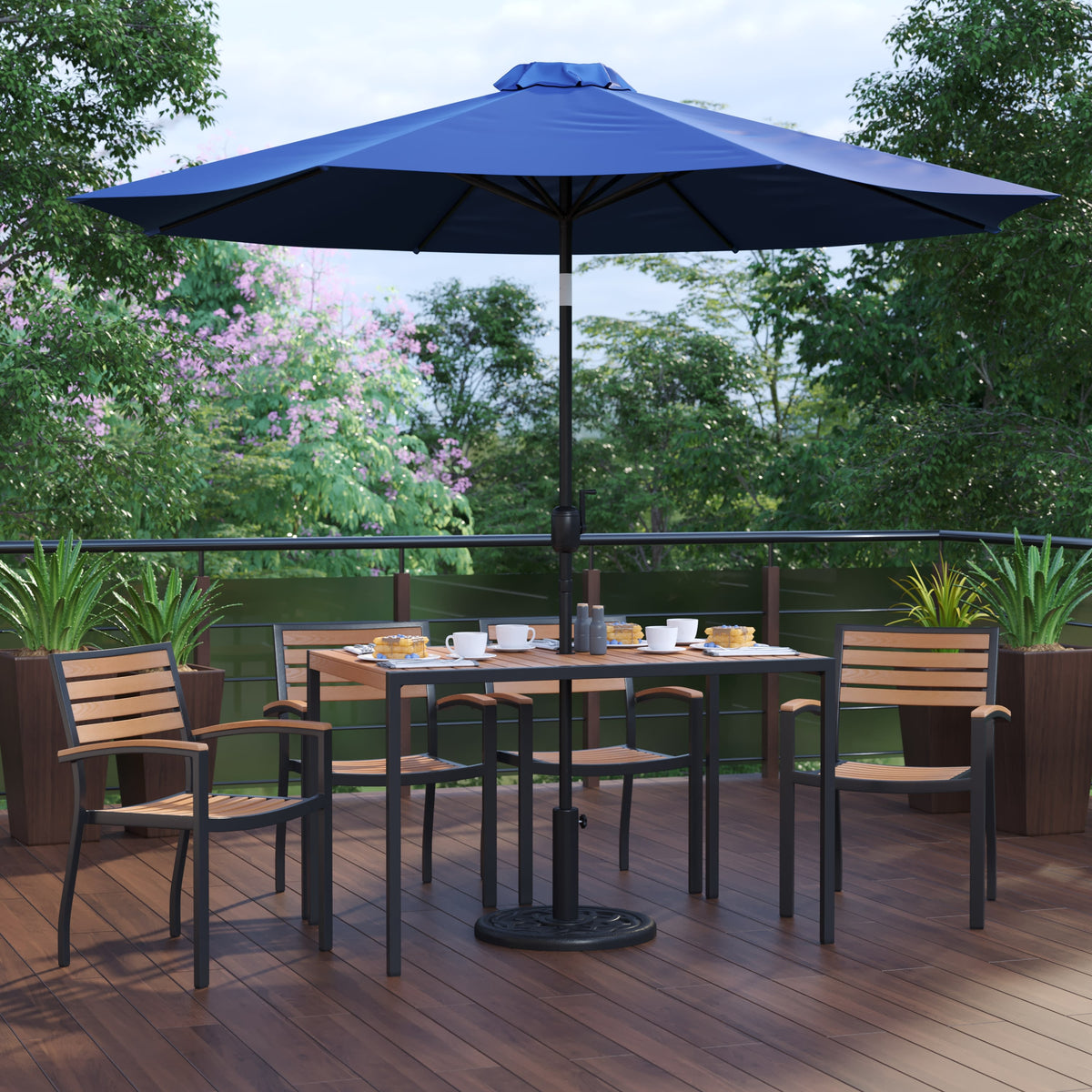 Navy |#| 30inch x 48inch Faux Teak Patio Table, 4 Chairs and Navy 9FT Patio Umbrella with Base