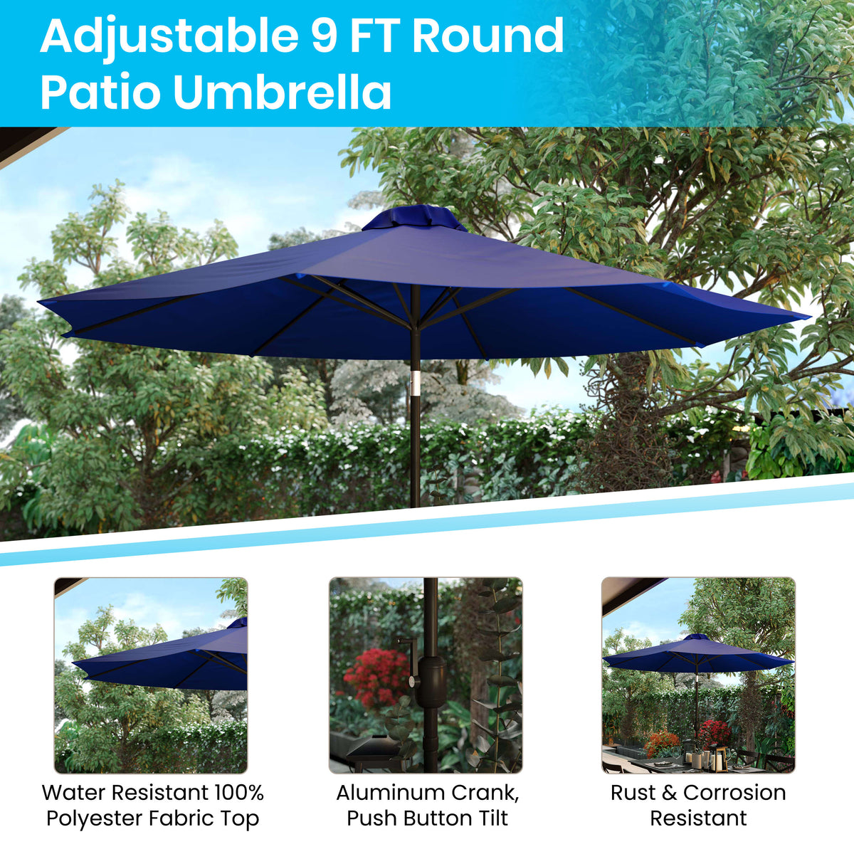Navy |#| 30inch x 48inch Faux Teak Patio Table, 4 Chairs and Navy 9FT Patio Umbrella with Base