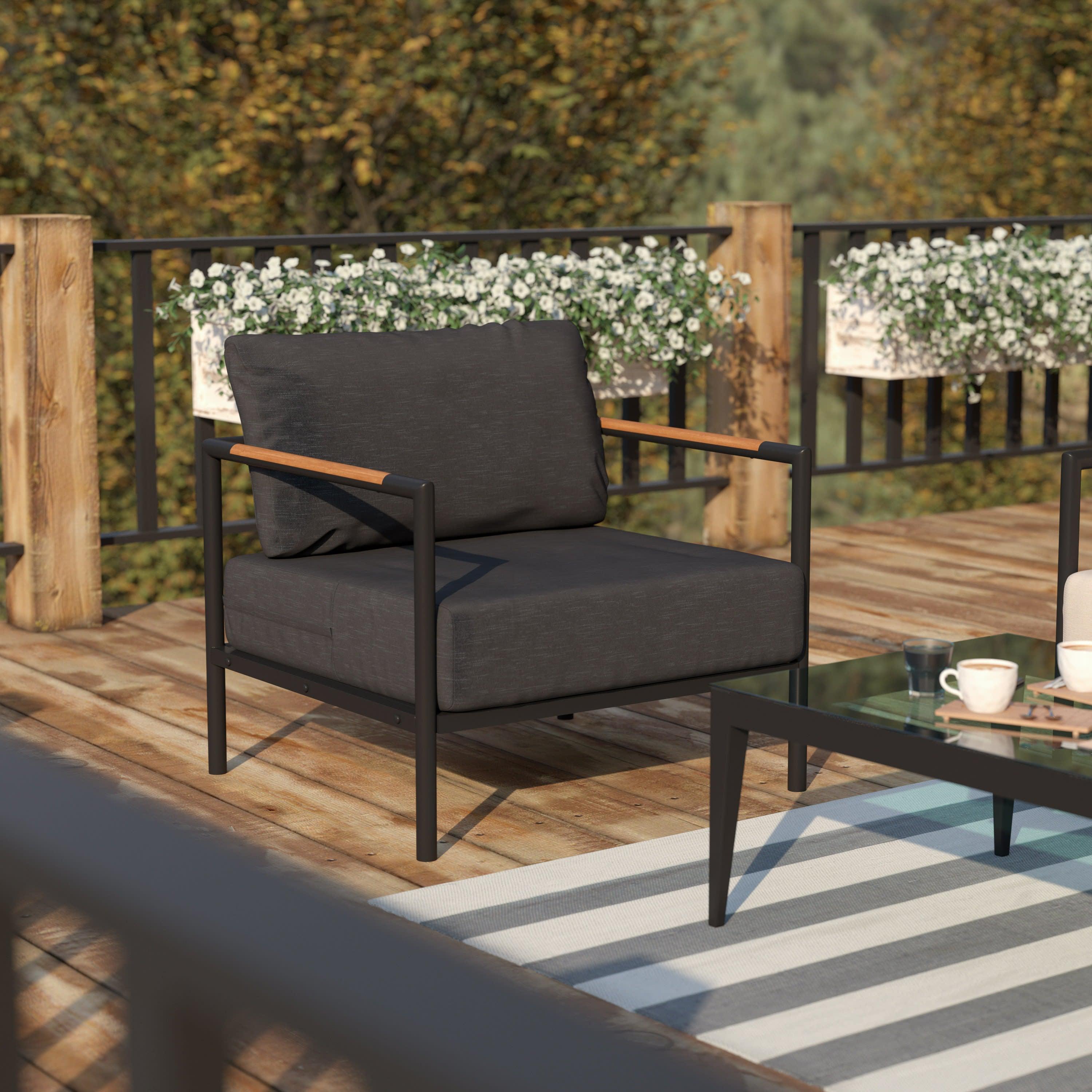Lea Indoor Outdoor Patio Chair with Cushions Modern Aluminum Framed Chair with Teak Accented Arms