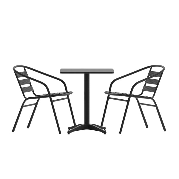 Black |#| Modern 23.5" Square Glass Framed Glass Table with 2 Black Slat Back Chairs