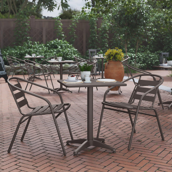 Bronze |#| Modern 23.5" Square Glass Framed Glass Table with 2 Bronze Slat Back Chairs