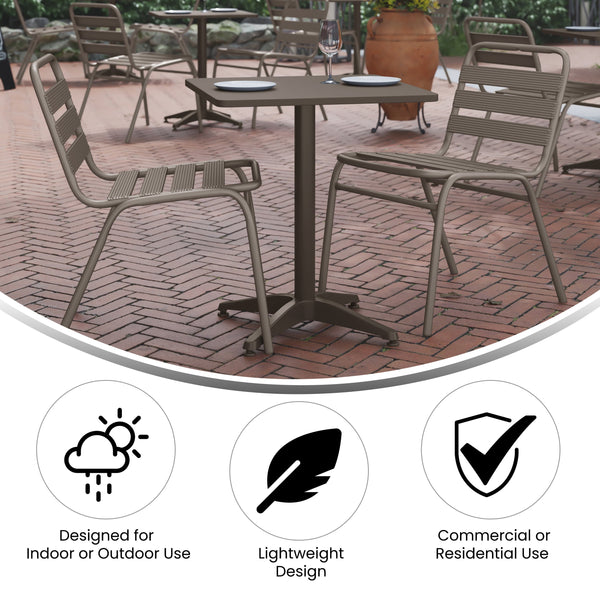 Bronze |#| Modern 23.5" Square Glass Framed Glass Table with 2 Bronze Slat Back Chairs