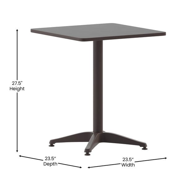 Bronze |#| Modern 23.5" Square Glass Framed Glass Table with 2 Bronze Slat Back Chairs
